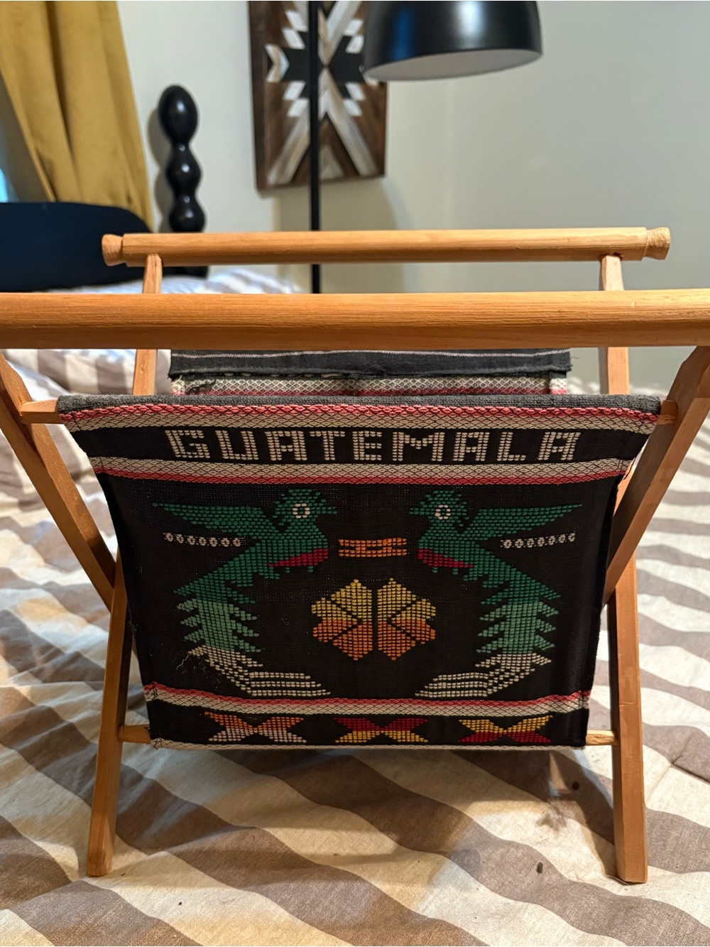 Vintage Guatemala Woven Fabric Magazine Holder - Black with Green & Yellow Motif